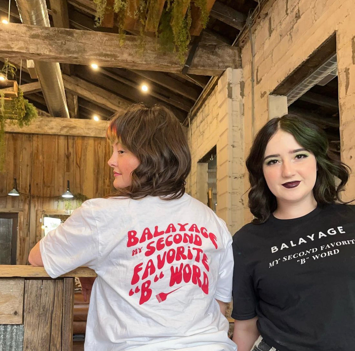 hair stylist wearing Balayage My Second Favorite B Word stylist t-shirt in salon