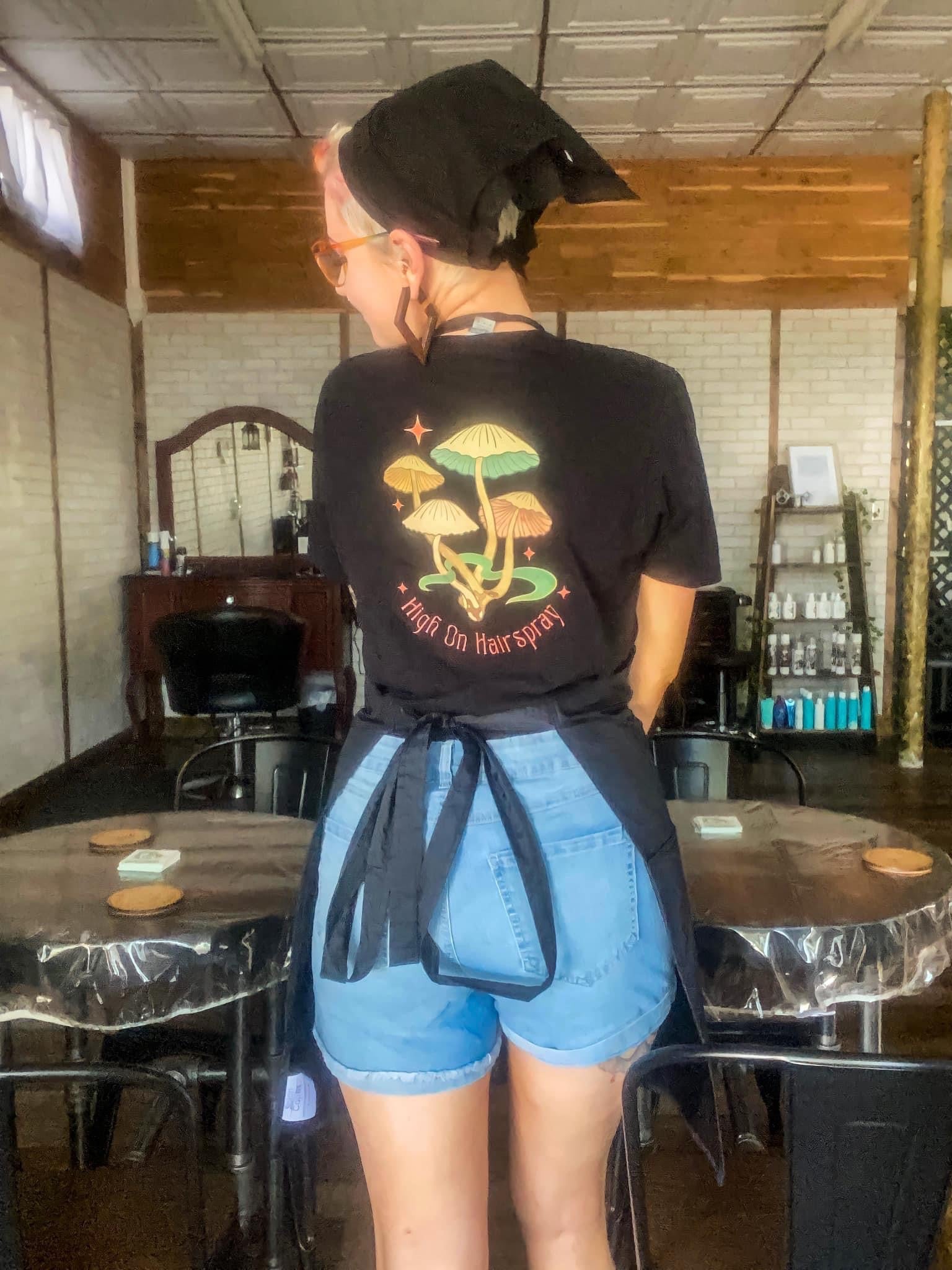 Hair stylist wearing ready to dye apparel hairdresser salon t-shirt and apron