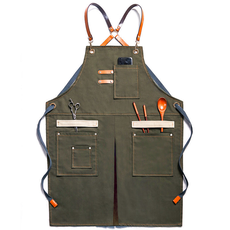 Forest Green Cross-Back Salon Apron W/ Faux Leather Detail