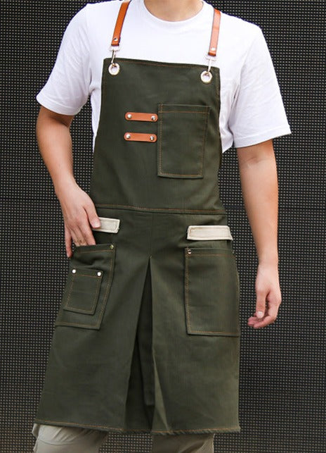 Forest Green Cross-Back Salon Apron W/ Faux Leather Detail