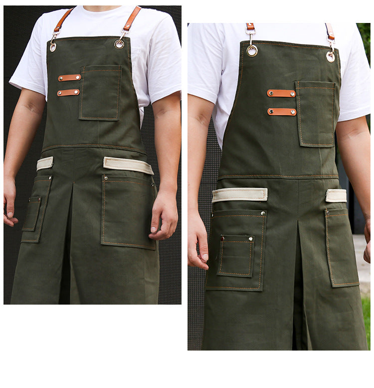 Forest Green Cross-Back Salon Apron W/ Faux Leather Detail