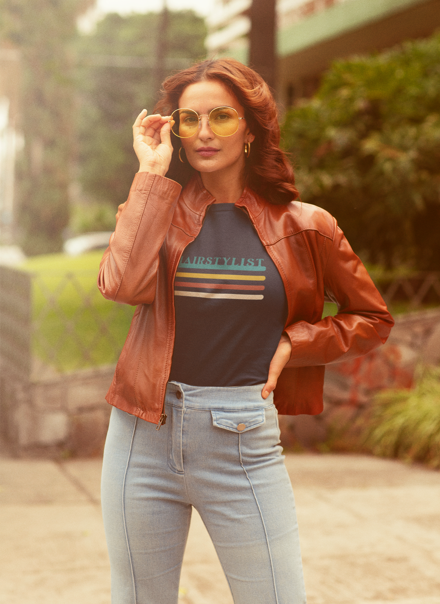 Retro photo of vintage woman wearing hair stylist t-shirt