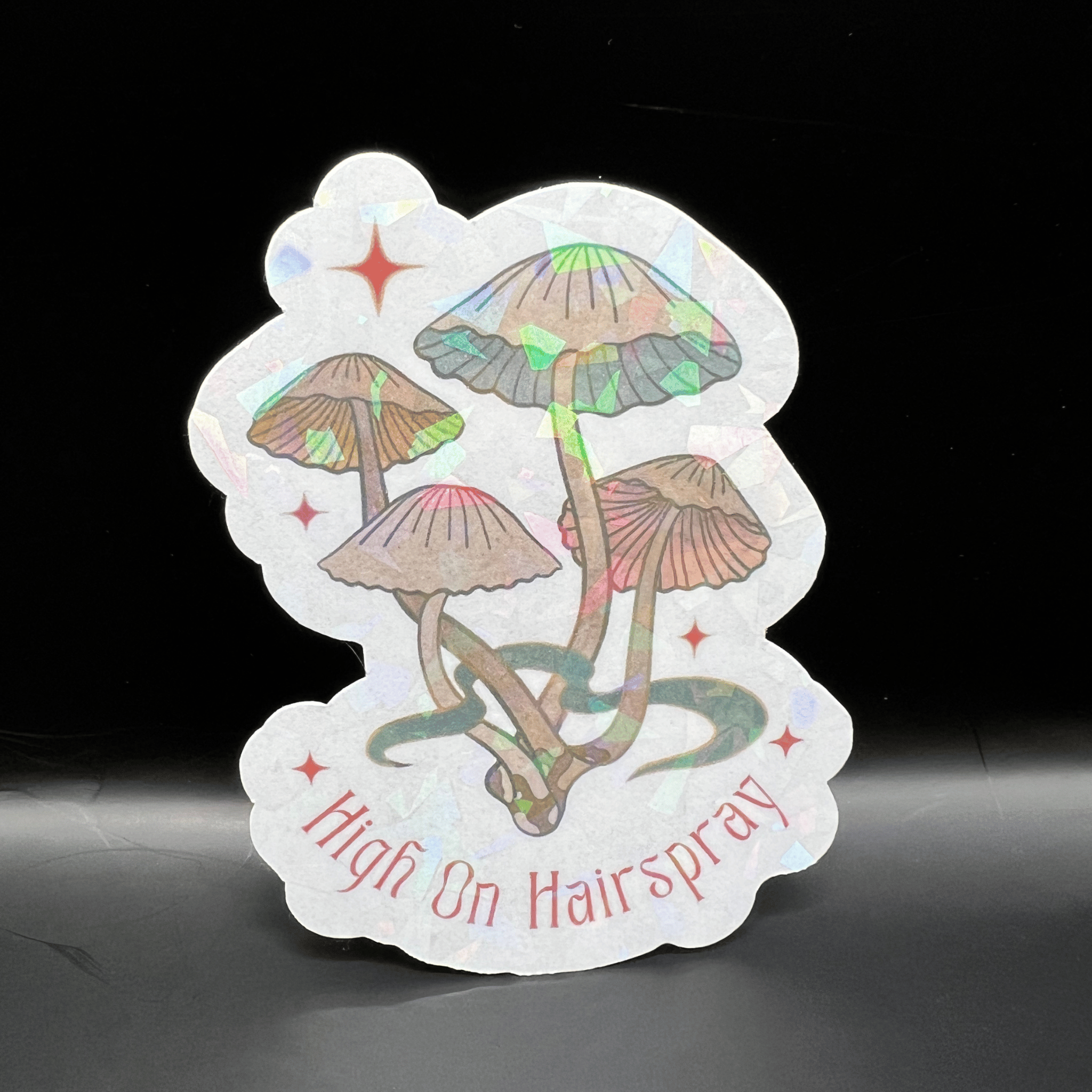 High On Hairspray Mushroom Rainbow Prism Sticker