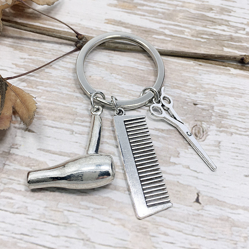 Silver Hairstylist Keychain with Scissor, Comb & Hairdryer Charm